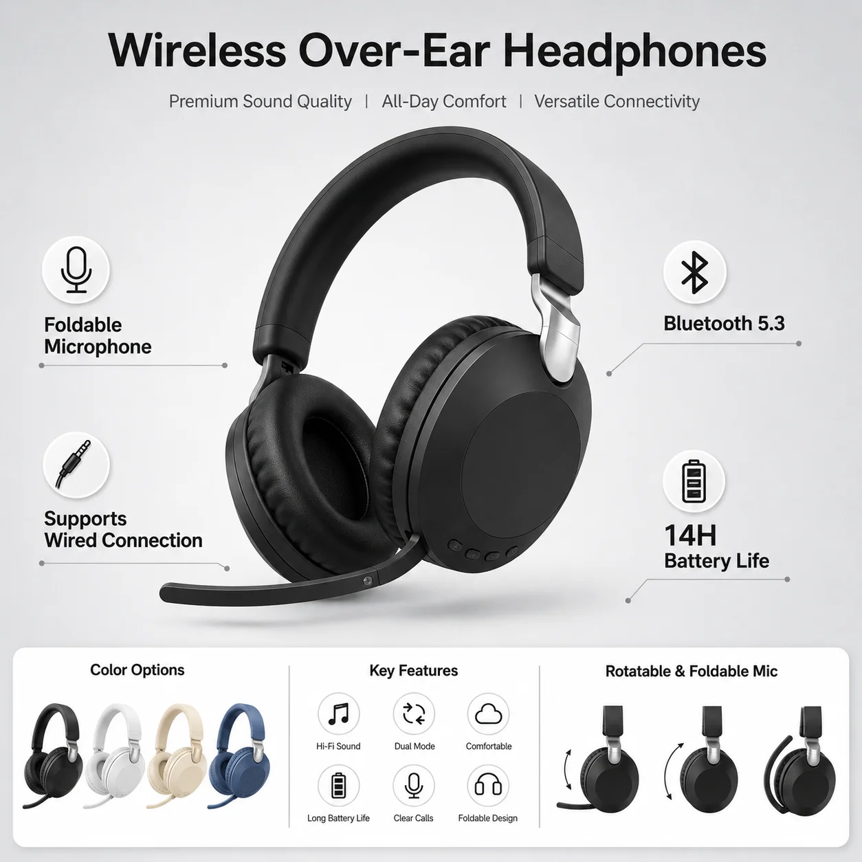 Anc Wireless Over Ear Headphones - Casque de jeu supra-auriculaire, écouteurs Bluetooth,