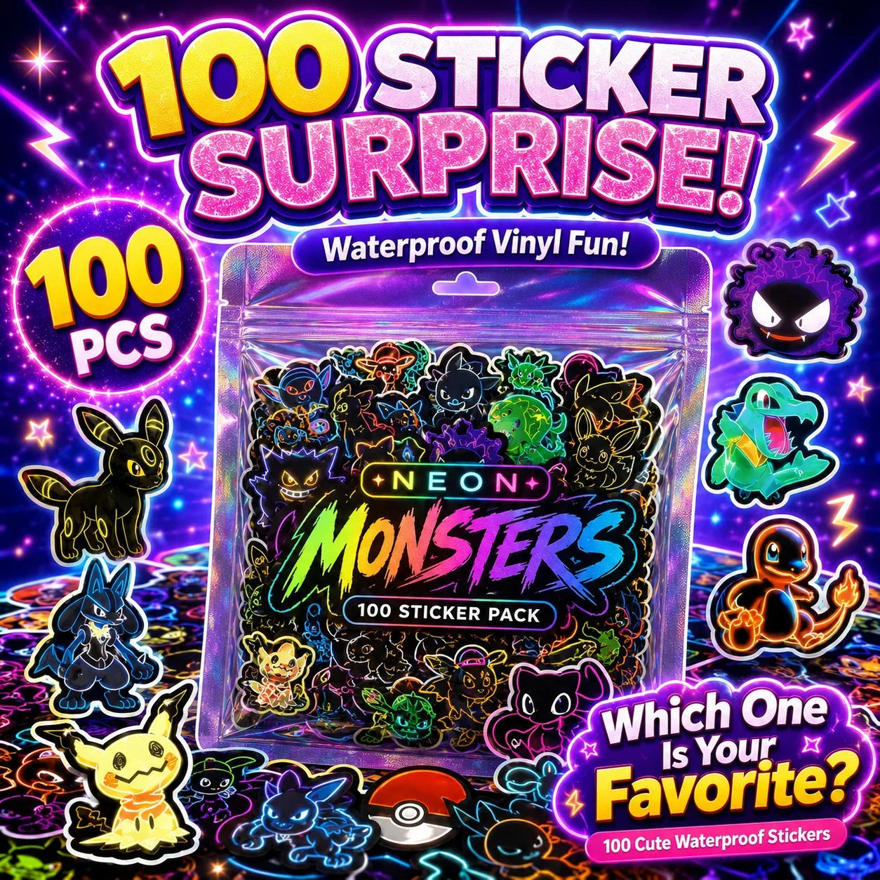 100 autocollants Pokémon néon, - Laptops avis et prix